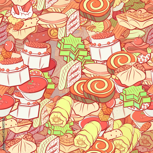 Background pattern abstract design texture. Seamless. Snacks and Snacks. Theme is about satiety, rice, cheese, topping, dough, cream, snack, sandwich, filling, star, caviar, jelly, twisted filling