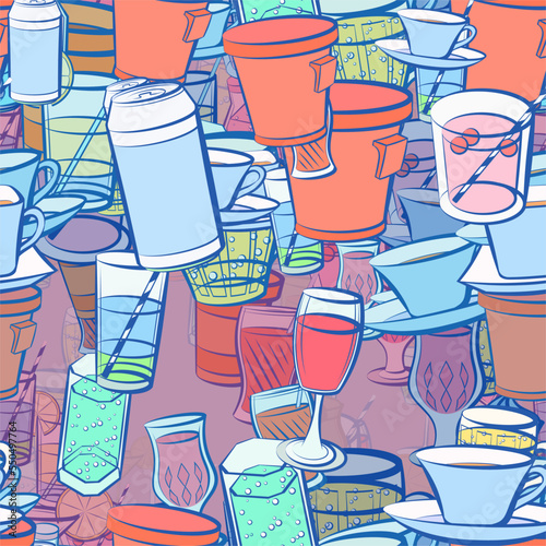 Background pattern abstract design texture. Seamless. Drinks and Drinks. Theme is about drinking tube, kvass, soda, coffee, hot drink, cream, cup, cola, thread, drink, alcohol, compote, Cup
