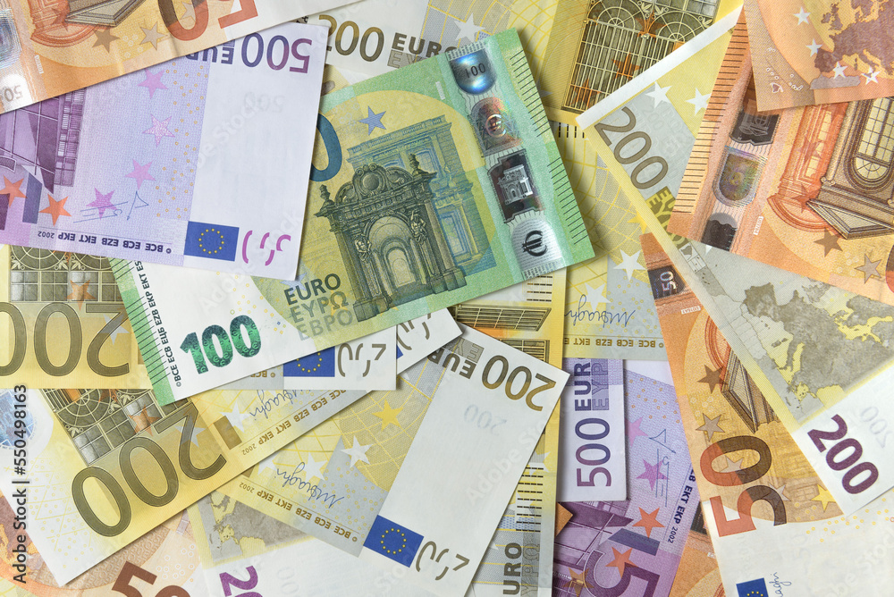 Obraz premium Euro banknotes, flat lay top view. Close-up