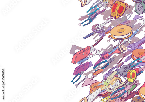 Background pattern abstract design texture. Building tools and Repair. Vertical seamless stripe. Border frame, transparent background. Theme is about heavy tool, painter, plane, manual, lamp