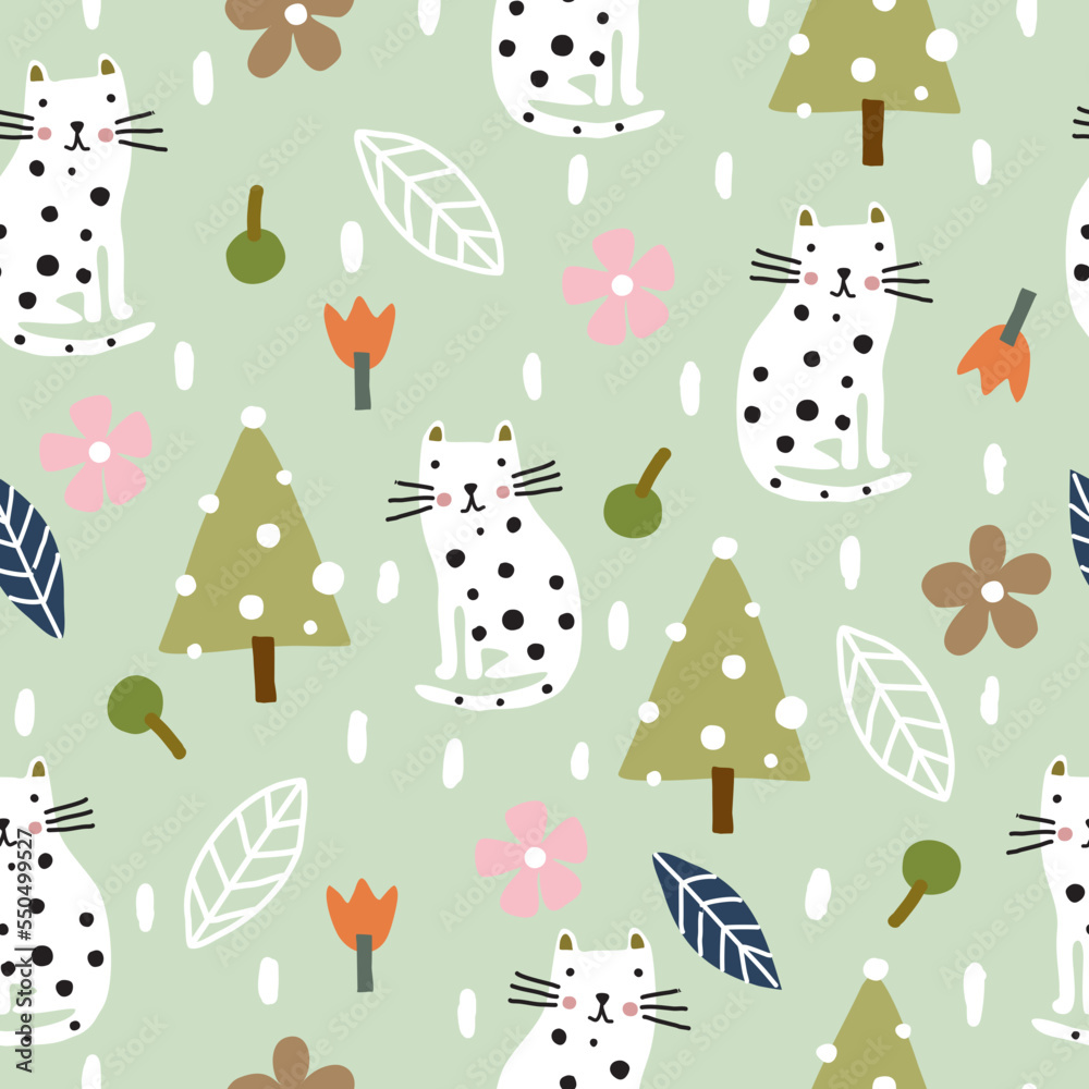 Christmas seamless pattern with cat, christmas tree, flowers, tulips, berries, leaves and snow on a green background. Christmas seamless pattern with cat, christmas tree, flowers, tulips, berries, leaves and snow on a green background.