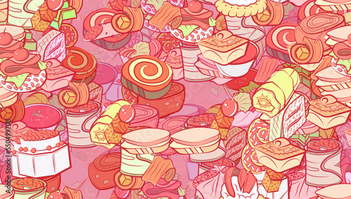 Background pattern abstract design texture. Seamless. Snacks and Snacks. Theme is about caramel, six-pointed, tartlet, cherry, crab meat, vitamins, bacon, roll, satiety, sausage, twisted filling