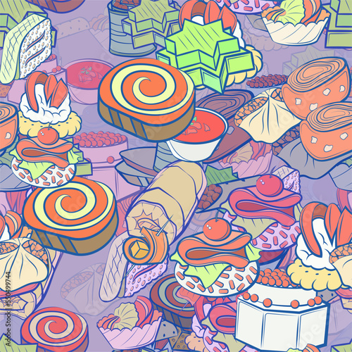 Background pattern abstract design texture. Seamless. Snacks and Snacks. Theme is about sausage, onigiri, marshmallows, crab meat, spiral, sweet, cake, strung up, stick, twisted, biscuit