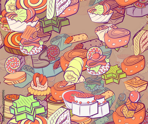 Background pattern abstract design texture. Seamless. Snacks and Snacks. Theme is about wand, filling, strung up, twisted, caramel, snack, lettuce leaf, jelly, meat, loaf, pancake, bacon