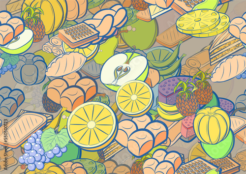 Background pattern abstract design texture. Seamless. Bakery products and Fruits. Theme is about a sandwich, cherry, biscuit, piece, cheese, orange, spicy, a stack, sandwich, waffles, half