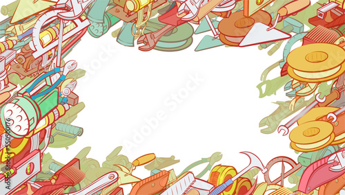 Background pattern abstract design texture. Building tools and Repair. Border frame, transparent background. Theme is about carpentry wood, shine, nippers, wedge, fire tools, hammer, meter