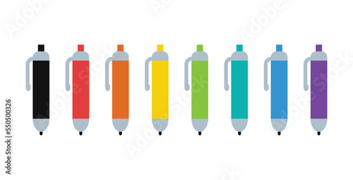Set of multicolored ballpoint pen flat icon for web. Simple ballpoint pens flat vector design. Cute pens web icon isolated on white. Ballpoint pen logo clipart. School and office supplies symbol icon