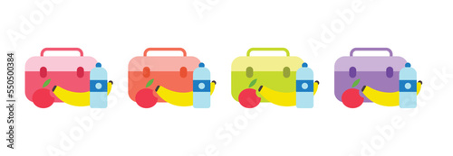 Set of multicolored school lunchbox icon for web. Children's lunch bags with apple, banana, water bottle sign vector design. Minimalist lunch box web icon logo clipart. School supplies symbol icon