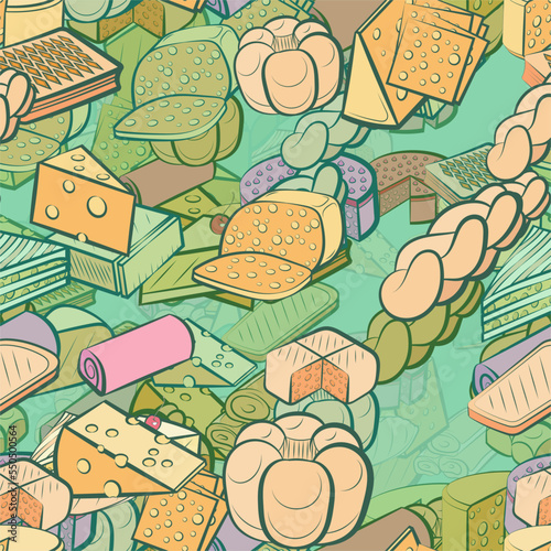 Background pattern abstract design texture. Seamless. Bakery products and Cheeses. Theme is about sennit, hard cheese, briquette, cut, classical, triangle, pie, divided, bread, twist, cheese
