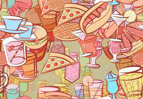 Background pattern abstract design texture. Seamless. Drinks and American food. Theme is about cream, aluminum, topping, sausage, tea, bottle, lemon, wine, kvass, drinking straw, stripes
