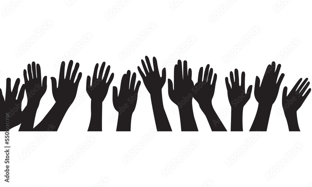 Many hands reaching out in the air, white background, Black flat icon.