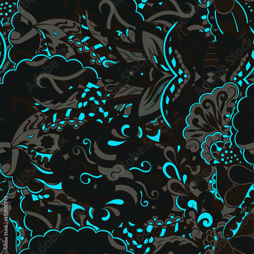 Tracery seamless pattern. Mehndi design. Dark sharp colors. 7 colors. Ethnic doodle texture. Curved doodling background. Vector