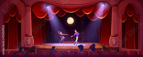 Ballet dancers perform on theater scene. Ballerina and man artist wear costumes dance on classic stage with red curtains, spotlights, moon and people sitting on chairs, Cartoon vector illustration