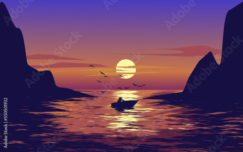 sunset in the sea with boat