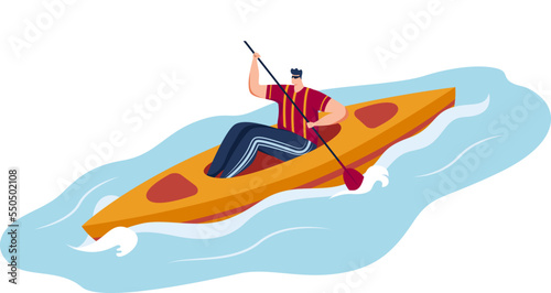 Man relax in cartoon hammock above water, vector illustration. Relaxation at catamaran, summer isolated on white design.