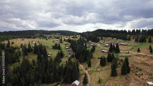 Aerial panning of countryside house on alpine plateau with pine tree forest photo