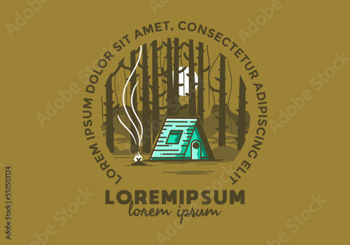 illustration of a log cabin in the forest under tall and big trees