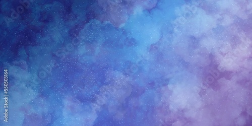 雲とアルコールインクアートのマーブル・抽象横長背景バナー）青から紫のグラデーション