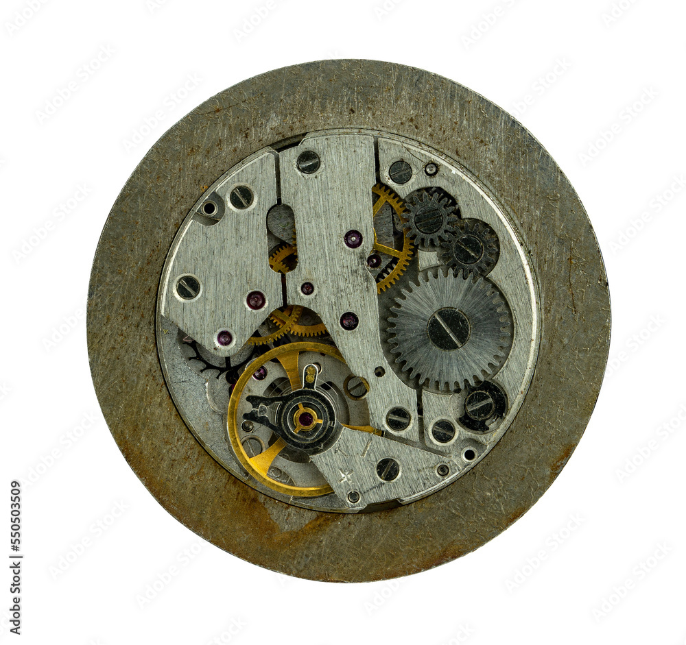 A broken old mechanical watch mechanism. Isolate on a white background