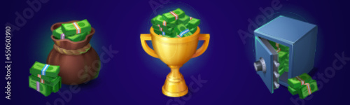 Cartoon set of money in sack, golden cup, safe isolated on background. Vector illustration of ancient sack, goblet and metal box full of cash in paper banknotes. Monetary prize, reward for victory