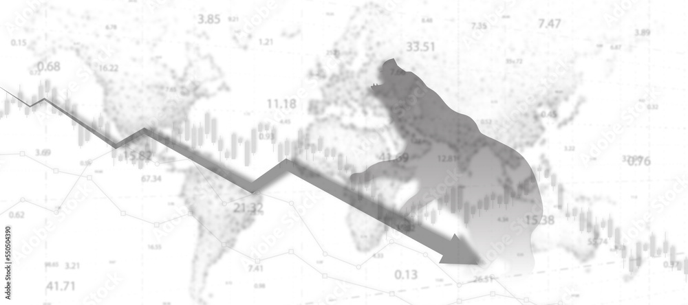 Finance economic stock market down. Global Stock market chart panic sell on white background concept. Extreme bearish stage. Usable for banner, cover, and header.