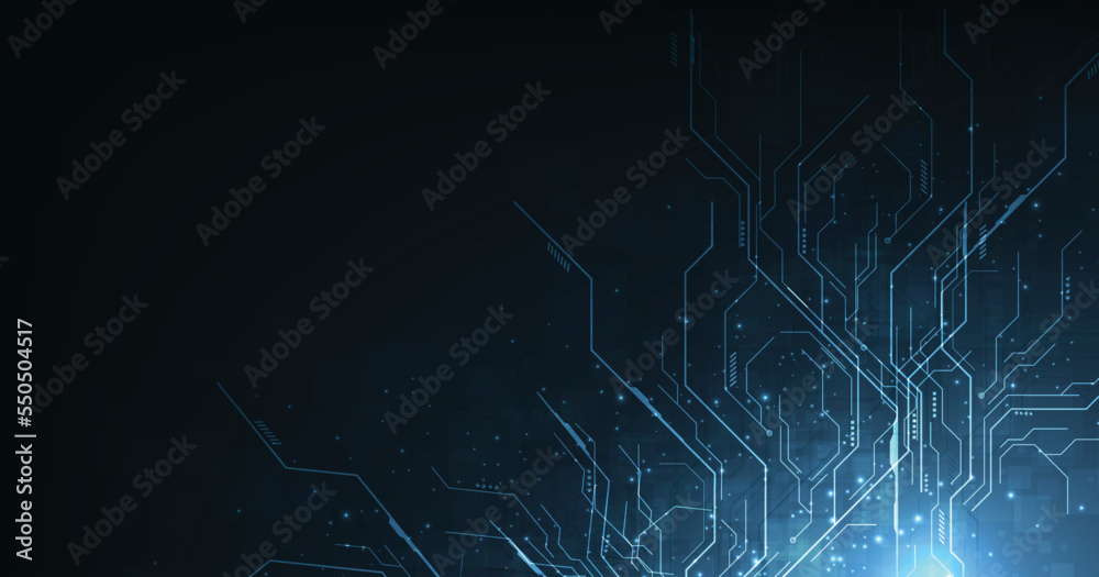 Circuit technology background with hi-tech digital data connection system.Circuit board on dark blue background.High tech connection concept. - obrazy, fototapety, plakaty 