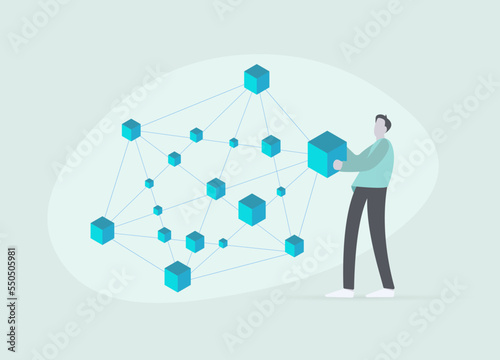 Blockchain network concept. Cartoon character a participant in a decentralized network validates a block with transaction and adds it to the general blockchain network.
