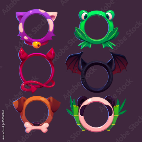 Game avatar frames with different animals. Empty circle frames in shape of cat, frog, dog, panda, bat and devil with horns, vector cartoon set isolated on background