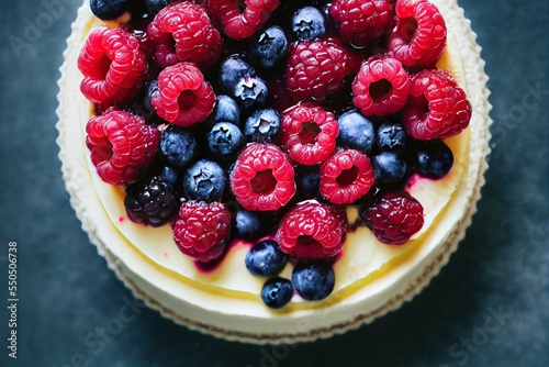 Delicious homemade cheesecake with thick coating of fresh fragrant berries