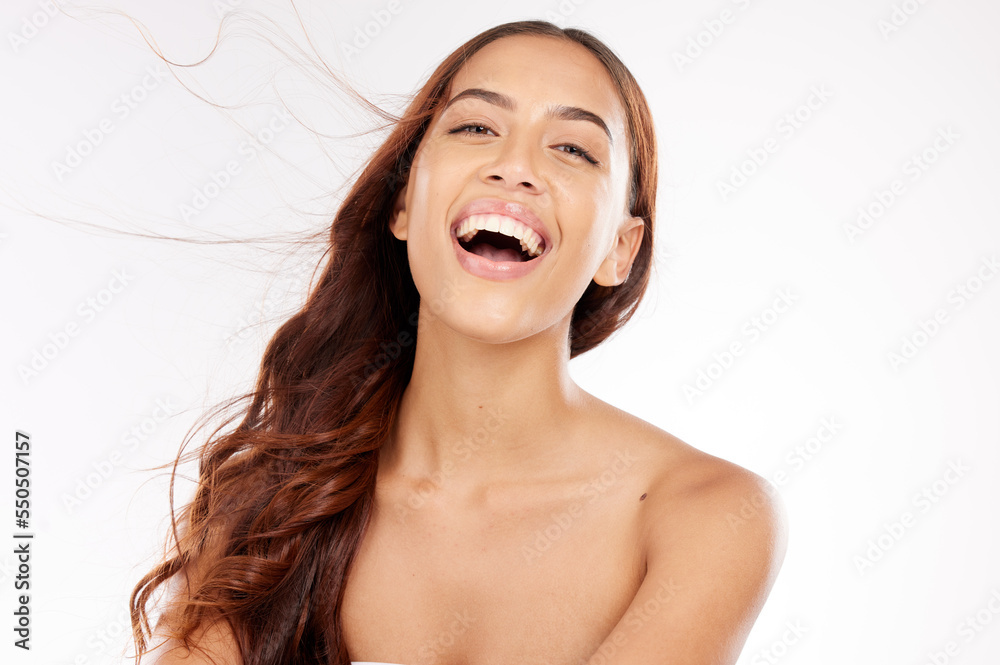 Woman portrait, hair care and smile with happiness from salon treatment shine and skin wellness. Beauty, cosmetics and model from Chicago happy about skincare, hair treatment growth and self care Woman portrait, hair care and smile with happiness from salon treatment shine and skin wellness. Beauty, cosmetics and model from Chicago happy about skincare, hair treatment growth and self care