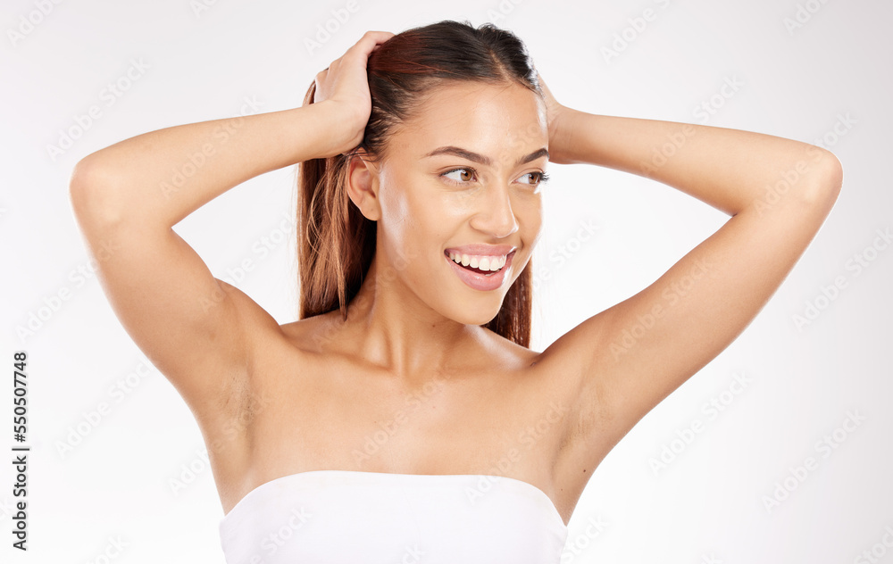 Makeup, young woman and wellness for skincare, smooth and clear skin against studio background. Cosmetics, Latino female and healthy girl with organic facial, face detox and natural beauty with smile Makeup, young woman and wellness for skincare, smooth and clear skin against studio background. Cosmetics, Latino female and healthy girl with organic facial, face detox and natural beauty with smile