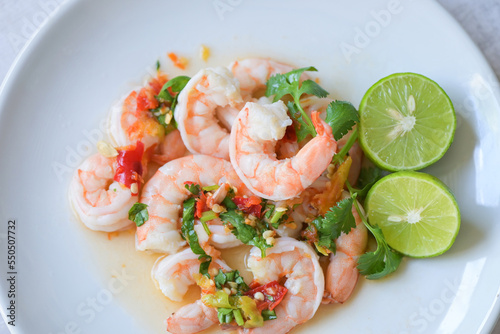 cooked shrimps prawns and seafood spicy chili sauce coriander, cooking shrimp salad lemon lime, Fresh shrimp on white plate and fresh vegetables