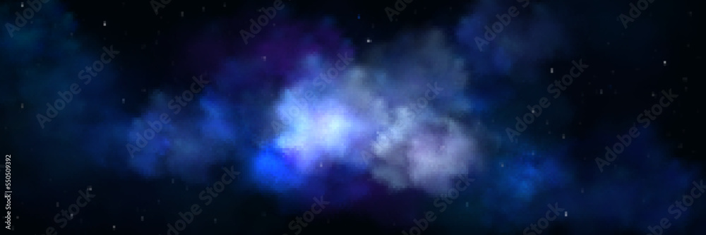 Space background with realistic nebula and shining stars in night sky. Colorful blue cosmos with stardust and milky way, Infinite starry universe, Magic galaxy, far alien world, Vector illustration