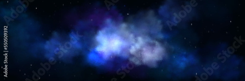 Space background with realistic nebula and shining stars in night sky. Colorful blue cosmos with stardust and milky way, Infinite starry universe, Magic galaxy, far alien world, Vector illustration