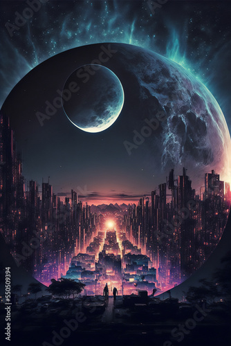 Post-apocalyptic abstract alien city landscape and moonlight glow mystery
