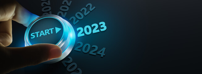 happy new year 2022,Finger about to twist the start button 2023 with the text 2022,2023,2024 and start on twist button.Concept of planning,start,career path,business strategy,opportunity and change