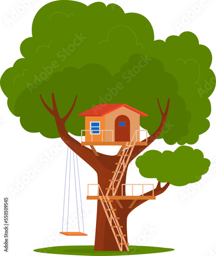 Tree wood playhouse with nature summer playground design for kids, vector illustration. Cute house building, outdoors ladder to children home