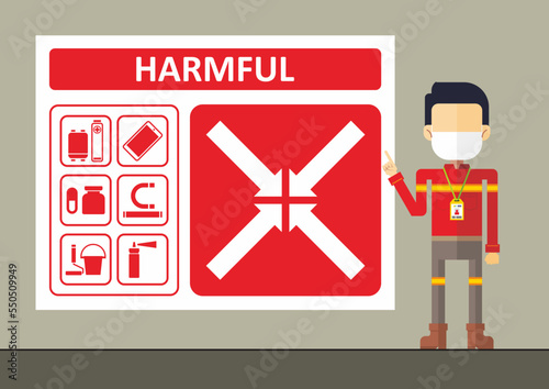 Flat style cartoon character of safety manager on presentation of harmful waste sign for industrial and manufacturing.