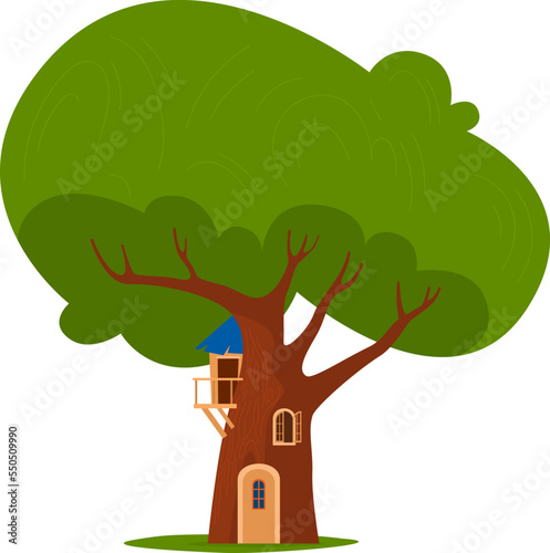 Tree wood playhouse with nature summer playground design for kids, vector illustration. Cute house building, outdoors ladder to children home