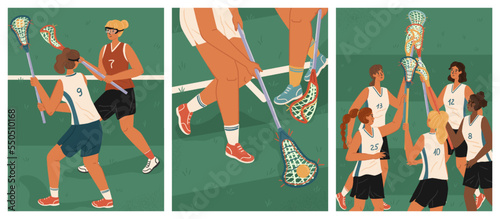 Women's lacrosse team vector posters set. Female lacrosse game players celebrating victory on a field. Lacrosse equipment, stick, ball, uniform