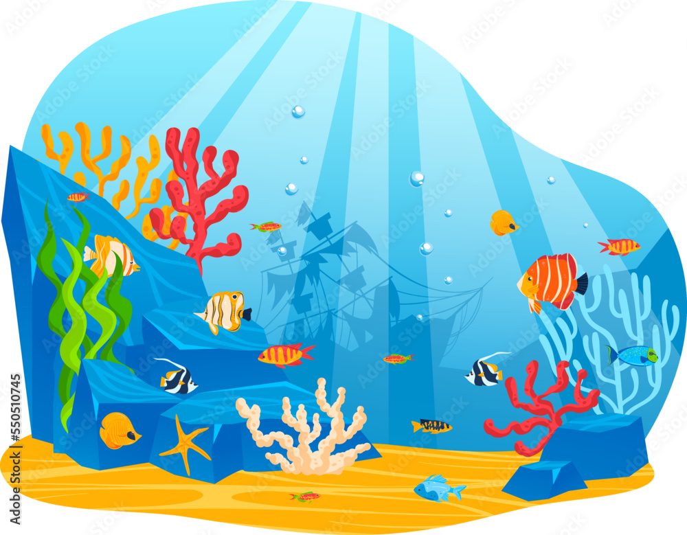 Underwater world. vector coral reef and fishes in Red sea illustration