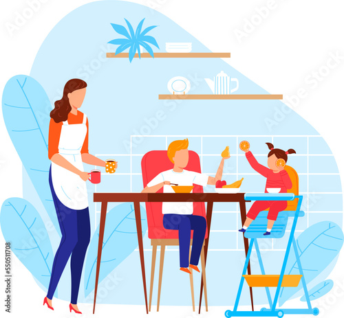 Mother cook breakfast for girl boy child at kitchen room, vector illustration. Child eating at table, happy family at cartoon home.