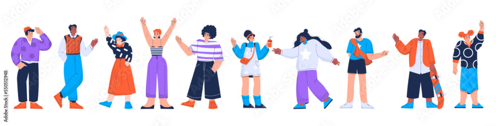 Flat set of diverse people isolated on white background. Vector illustration of male and female characters wearing modern casual clothes standing in line, smiling, waving hands, showing victory sign