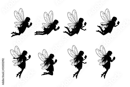 cute fairy reading book silhouette set