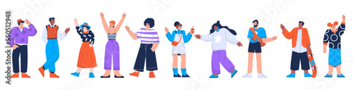 Flat set of diverse people isolated on white background. Vector illustration of male and female characters wearing modern casual clothes standing in line, smiling, waving hands, showing victory sign