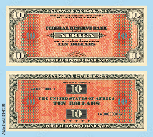Vector fictional African money with a face value of 10 dollars. Obverse and reverse of the banknote with a guilloche frame and a geometric pattern. The United States of Africa