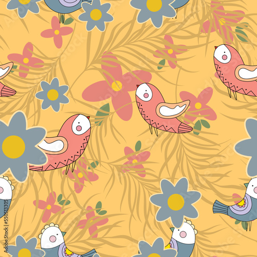 Birds and Flowers Colorful Nature Style Seamless Pattern Textile Wallpaper and Background.