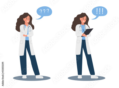 Female doctor in doubt. Thinking woman in uniform with question mark. Searching of idea and solution to problem. Vector illustration in flat cartoon style.