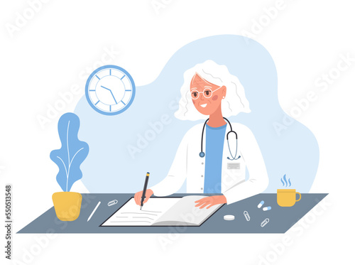 Female doctor writing medical prescription. Elderly woman in white coat sitting at table and write recipe for patient. Healthcare and pharmacy concept. Vector illustration in flat cartoon style.
