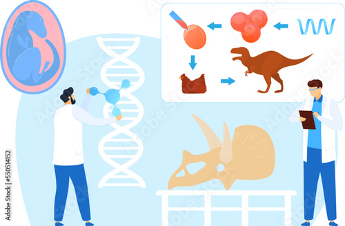 Science laboratory, vector illustration. Dinosaur lab research, women men character make analysis, scientist people work with archaeology ancient bone